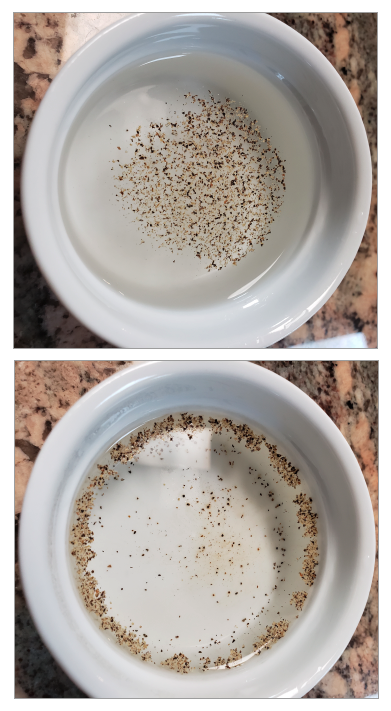 Side by side comparison of two bowls of pepper dispersed in water
