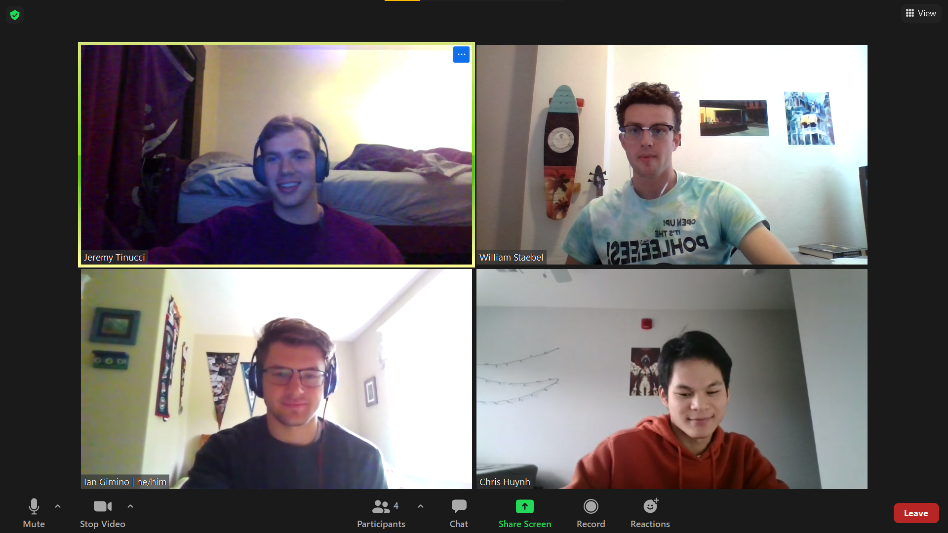 Four Chemical Engineering students meeting on a Zoom call