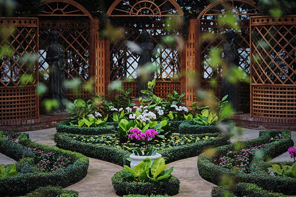 Landscape photo by Dasia Aldarondo - Image shows garden with flowers, shrubs, a wooden structure and a walkway