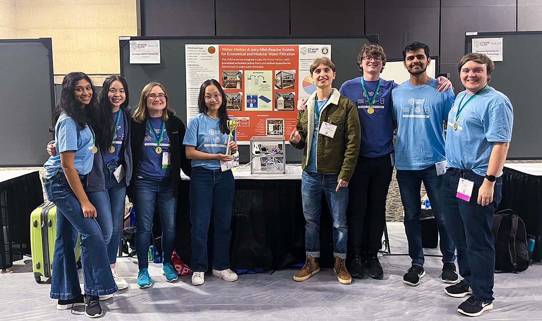 Carnegie Mellon students pose for a photo after winning the 2022 Rapid Manufacturing Institute's ChemE Cube competition 