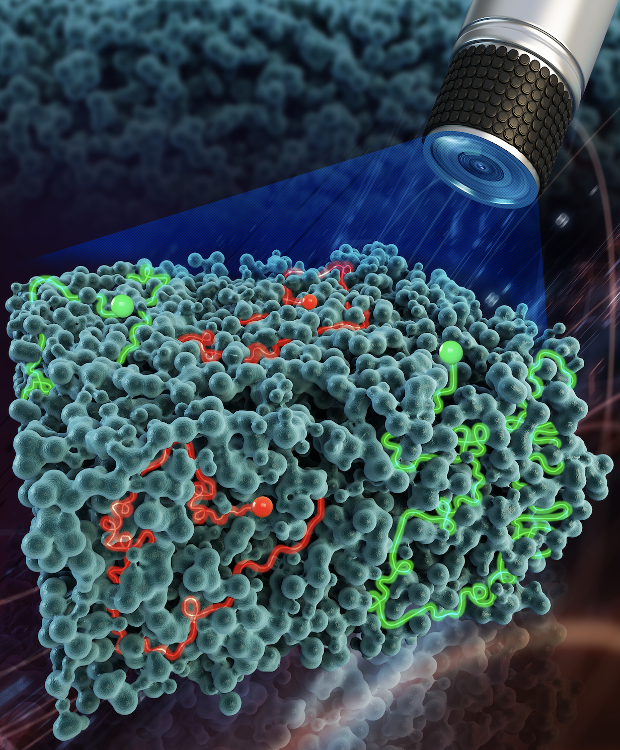 Illustration of a microscope pointed at red and green particle paths through porous media