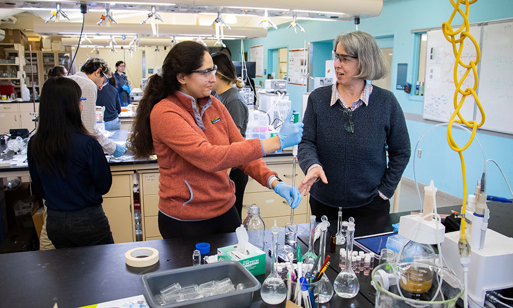 Lynn Walker talking to a graduate student in her laboratory at Carnegie Mellon.