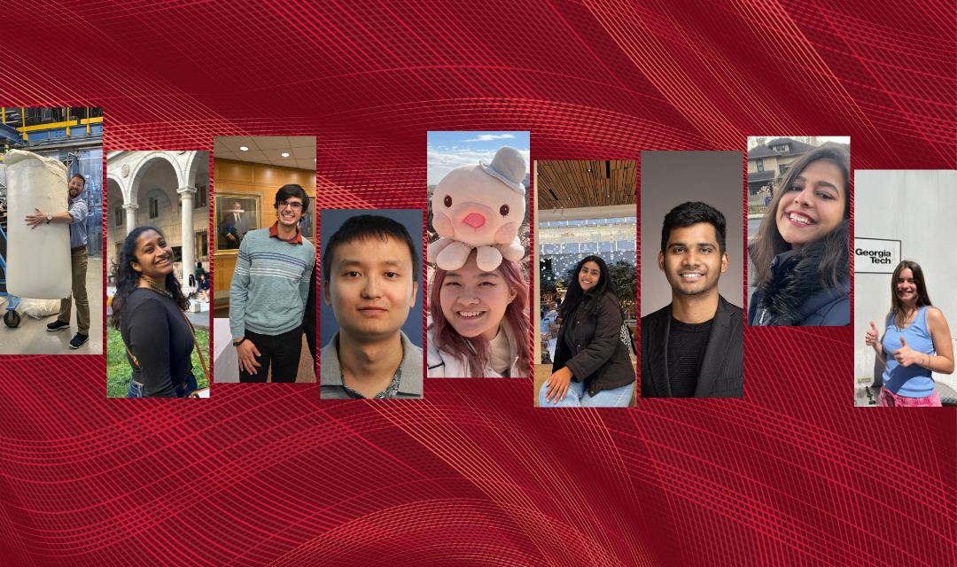Individual photos of nine alums on a red abstract grid background
