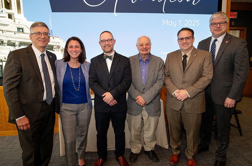Provost James Garrett, Kathryn Whitehead, John Kitchin, Larry Biegler, Carl Laird, and Dean William Sanders pose for a photo.