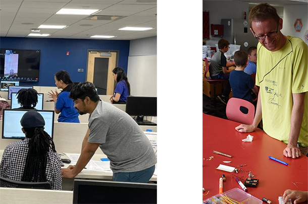 Ph.D. student Pratapaditya Ghosh teaching Python in the local community; Hamish Gordon working with kids learning electronics