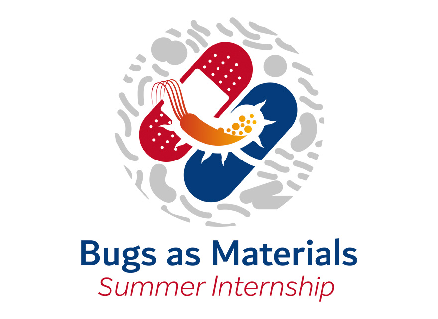 Logo featuring a stylized bacterium in orange, on top of a red bandage and blue pill. The bacterium is surrounded by abstract shapes representing bacteria or cells. Below the logo, the text reads 'Bugs as Materials' in blue and 'Summer Internship' in red.