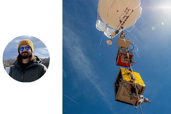 Photo of Dominic Casalnuovo. Photo of three metal boxes with wires and tubes hanging below a giant white tethered balloon floating in a bright blue sky.