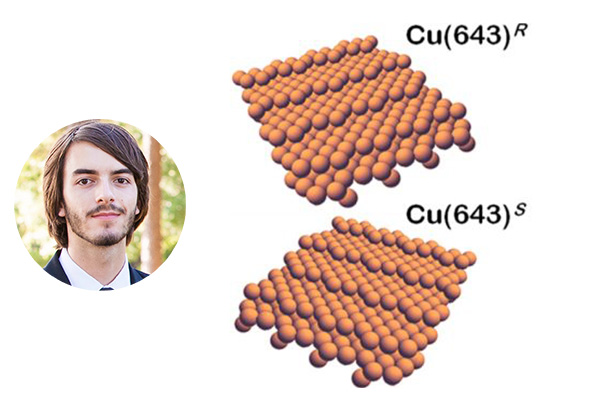 Photo of Ian Martin. Two mirror images of layers of small orange spheres representing the surface structure of copper.