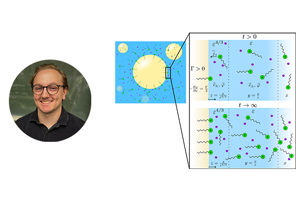 Photo of Emerson Uhlig next to an illustration of a spherical representation of a droplet surrounded by particles. A close-up inset illustration shows the charges and positions of the particles near the interface.